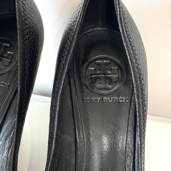 Tory Burch Carnell Open Toe Navy Wedge Heels Gold Logo Size 7 - Picture 7 of 10